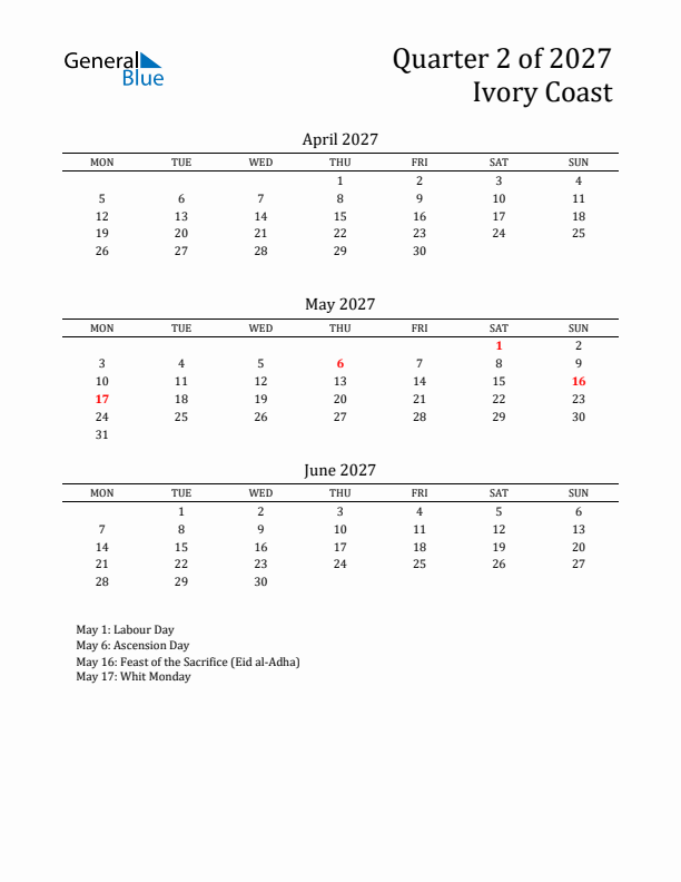 Quarter 2 2027 Ivory Coast Quarterly Calendar