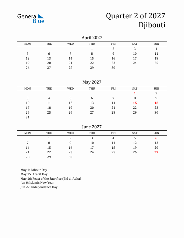 Quarter 2 2027 Djibouti Quarterly Calendar