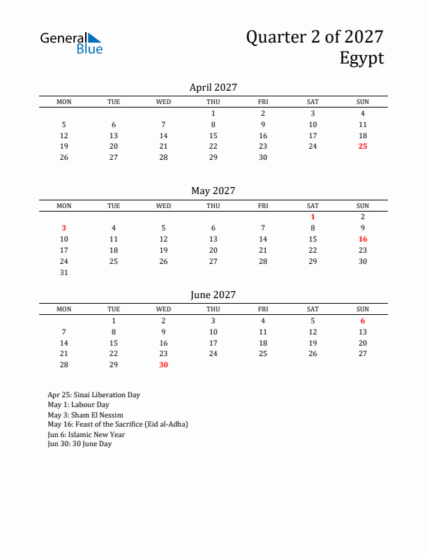 Quarter 2 2027 Egypt Quarterly Calendar