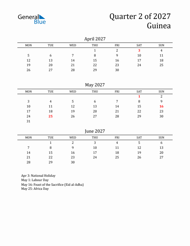 Quarter 2 2027 Guinea Quarterly Calendar