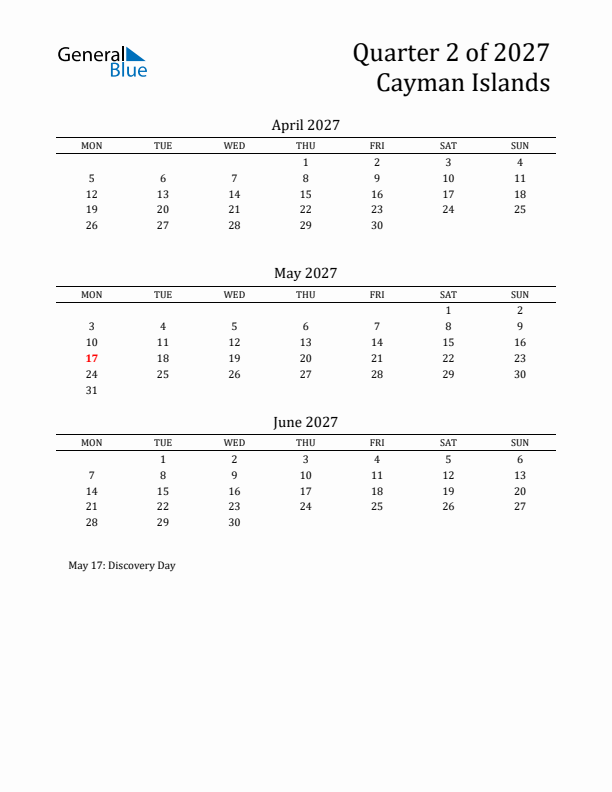Quarter 2 2027 Cayman Islands Quarterly Calendar