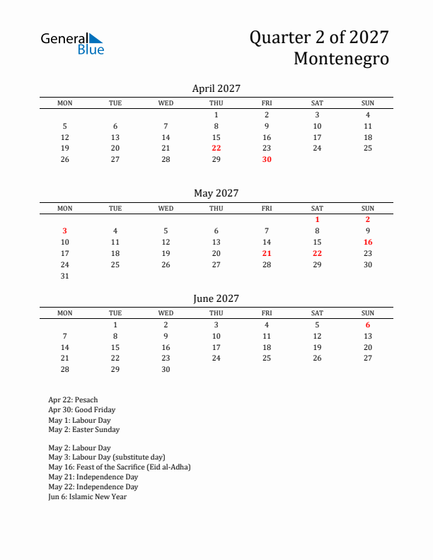 Quarter 2 2027 Montenegro Quarterly Calendar