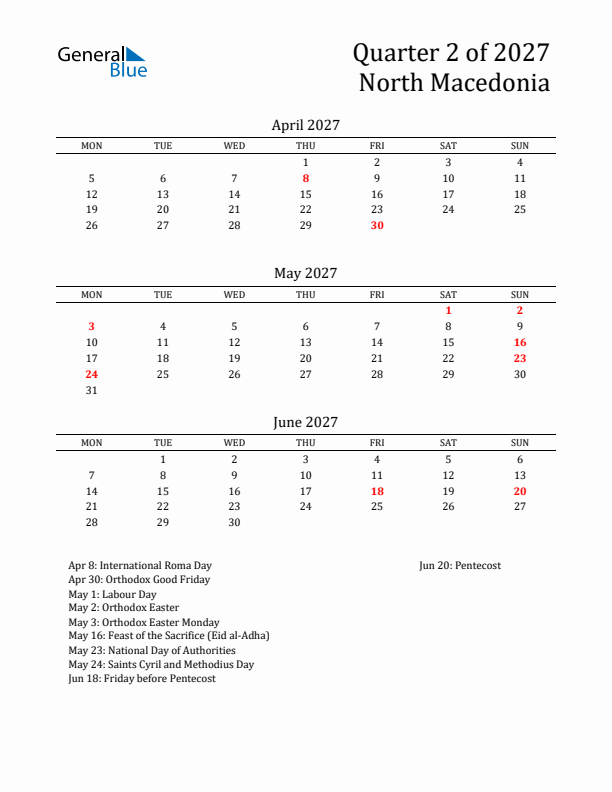 Quarter 2 2027 North Macedonia Quarterly Calendar