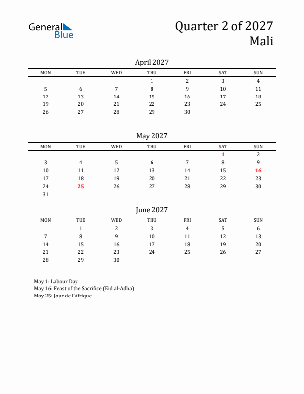Quarter 2 2027 Mali Quarterly Calendar
