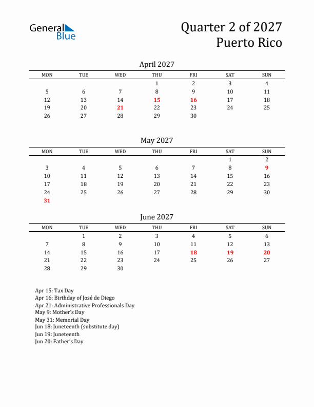 Quarter 2 2027 Puerto Rico Quarterly Calendar