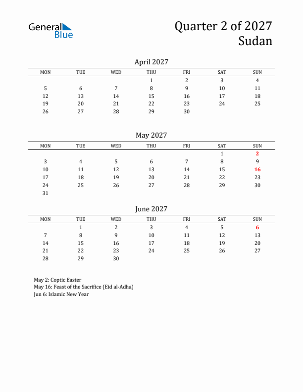 Quarter 2 2027 Sudan Quarterly Calendar