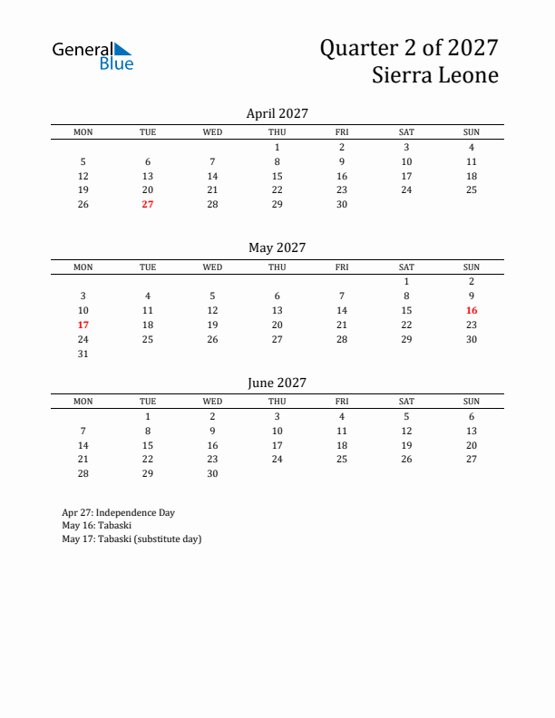 Quarter 2 2027 Sierra Leone Quarterly Calendar
