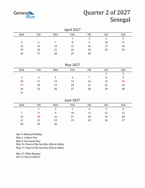 Quarter 2 2027 Senegal Quarterly Calendar