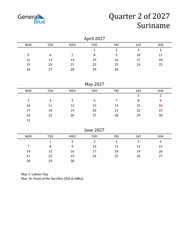 Quarter 2 2027 Suriname Quarterly Calendar