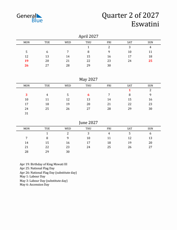 Quarter 2 2027 Eswatini Quarterly Calendar