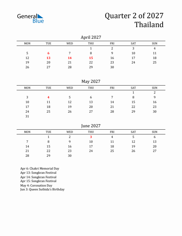 Quarter 2 2027 Thailand Quarterly Calendar