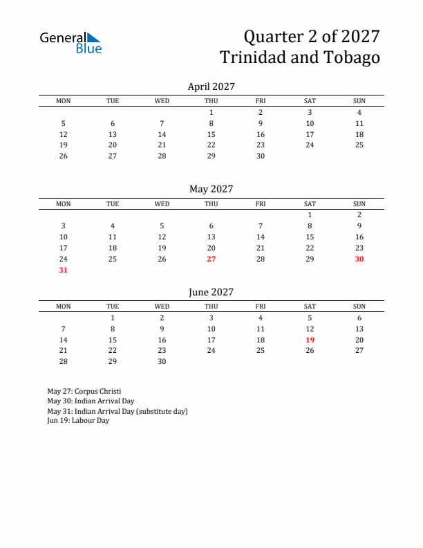 Quarter 2 2027 Trinidad and Tobago Quarterly Calendar