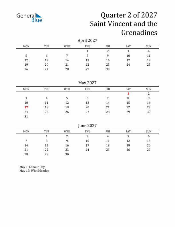 Quarter 2 2027 Saint Vincent and the Grenadines Quarterly Calendar