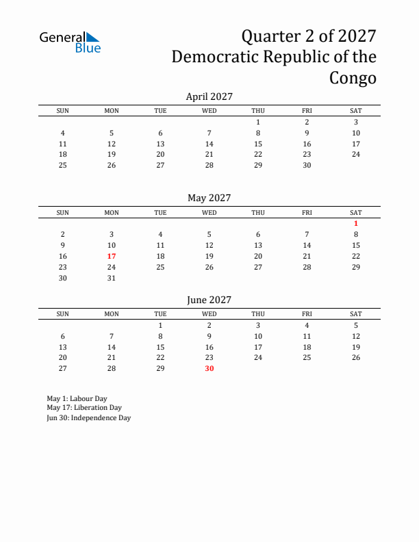 Quarter 2 2027 Democratic Republic of the Congo Quarterly Calendar