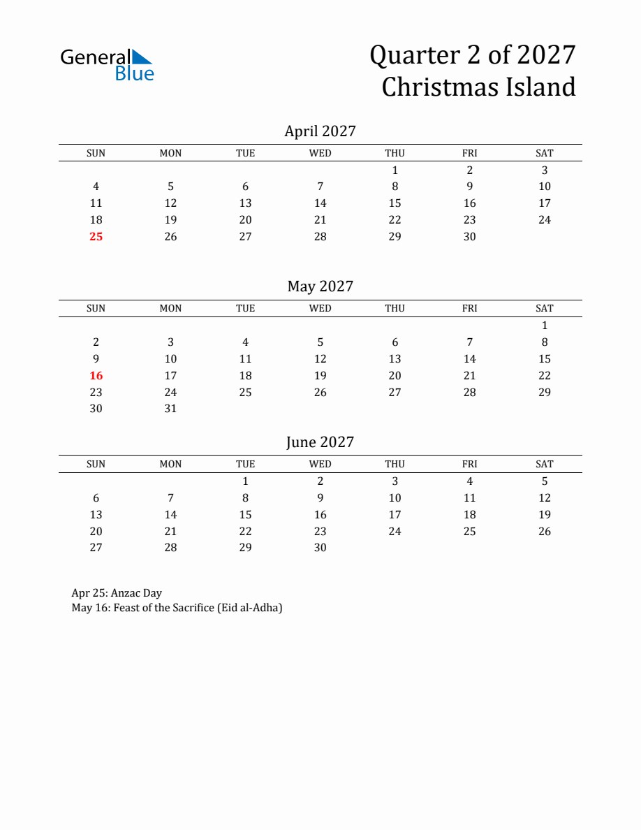 Quarter 2 2027 Christmas Island Calendar