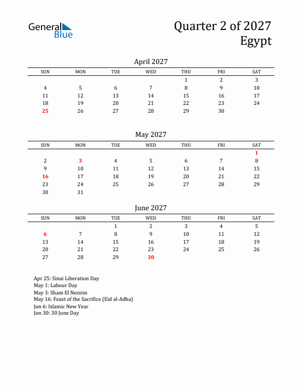 Quarter 2 2027 Egypt Quarterly Calendar