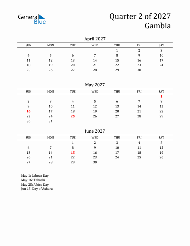 Quarter 2 2027 Gambia Quarterly Calendar