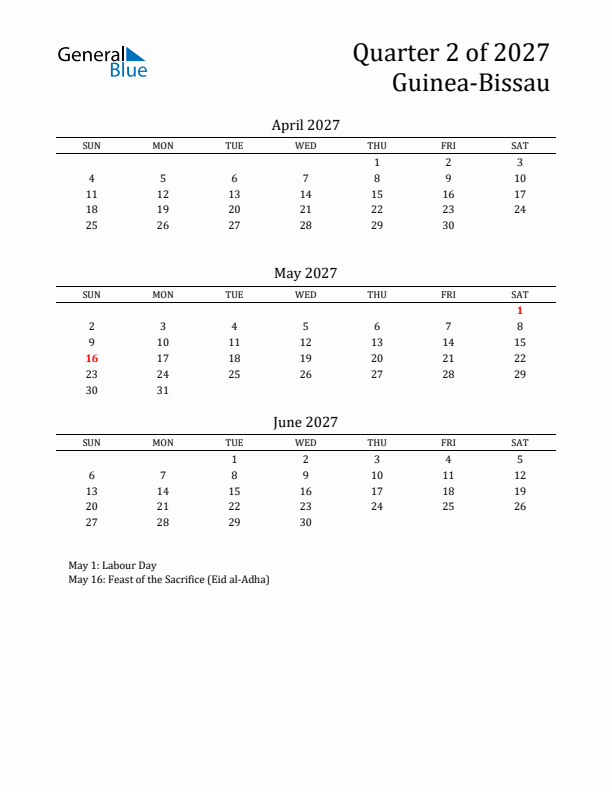 Quarter 2 2027 Guinea-Bissau Quarterly Calendar