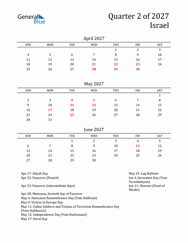 Quarter 2 2027 Israel Quarterly Calendar