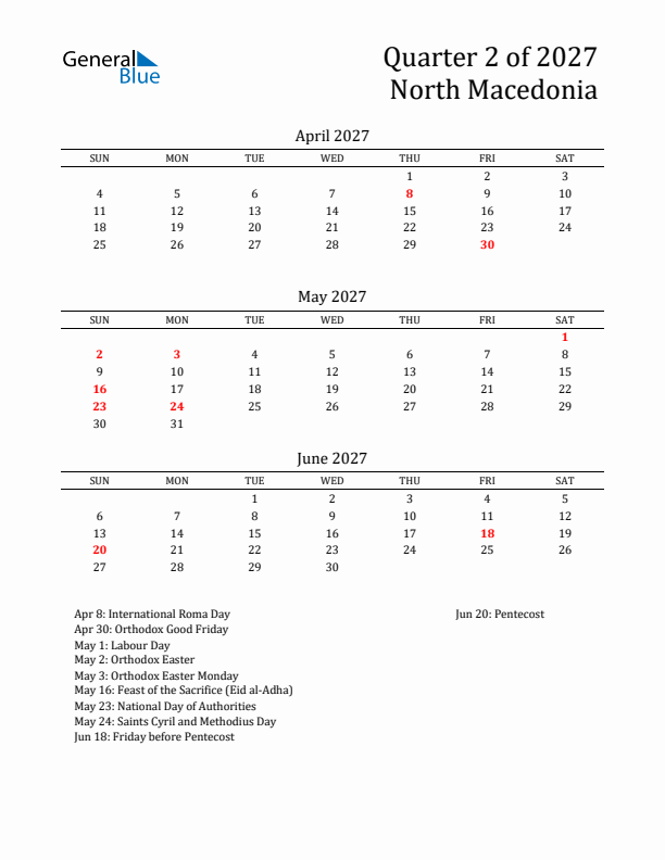 Quarter 2 2027 North Macedonia Quarterly Calendar