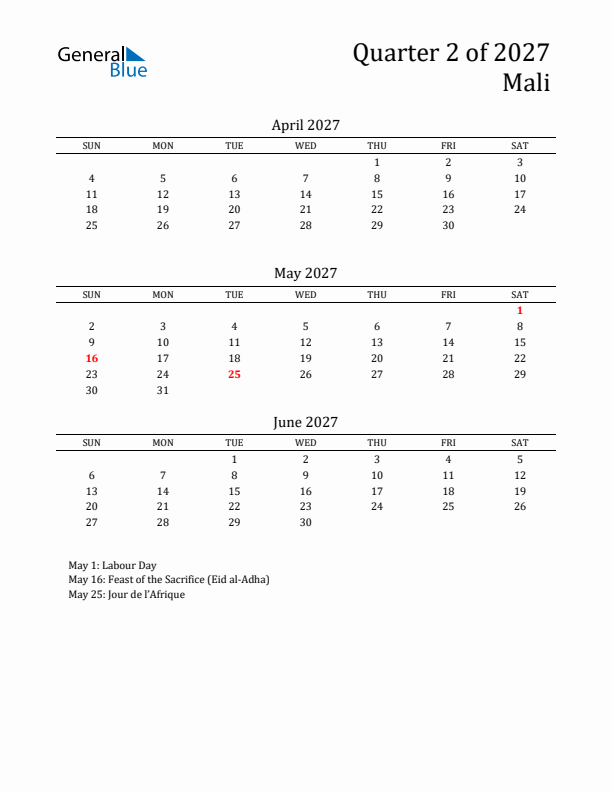 Quarter 2 2027 Mali Quarterly Calendar