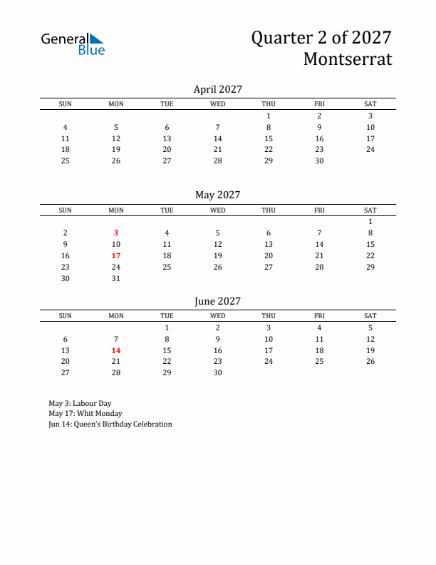 Quarter 2 2027 Montserrat Quarterly Calendar