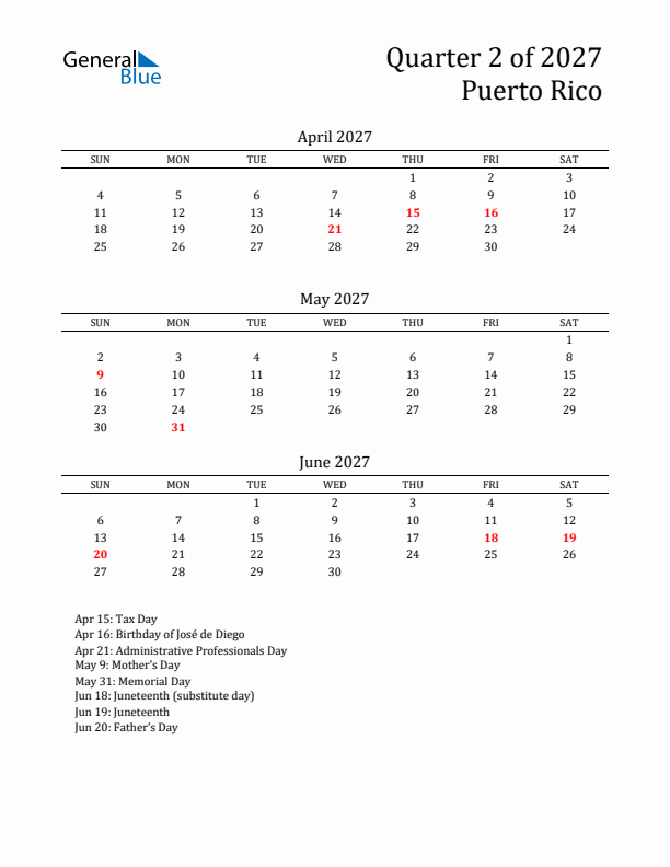 Quarter 2 2027 Puerto Rico Quarterly Calendar