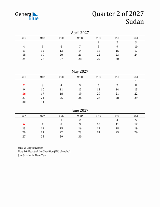 Quarter 2 2027 Sudan Quarterly Calendar