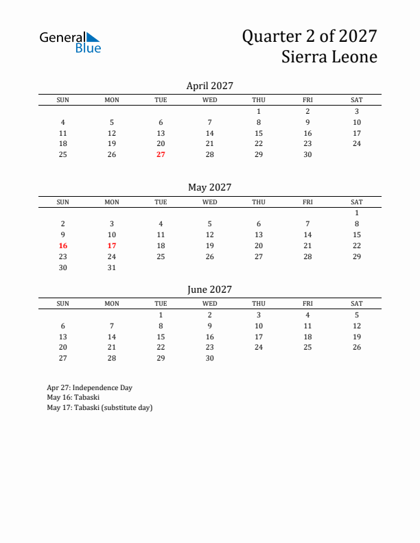 Quarter 2 2027 Sierra Leone Quarterly Calendar