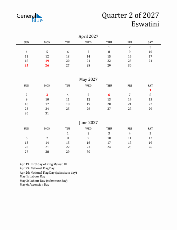 Quarter 2 2027 Eswatini Quarterly Calendar