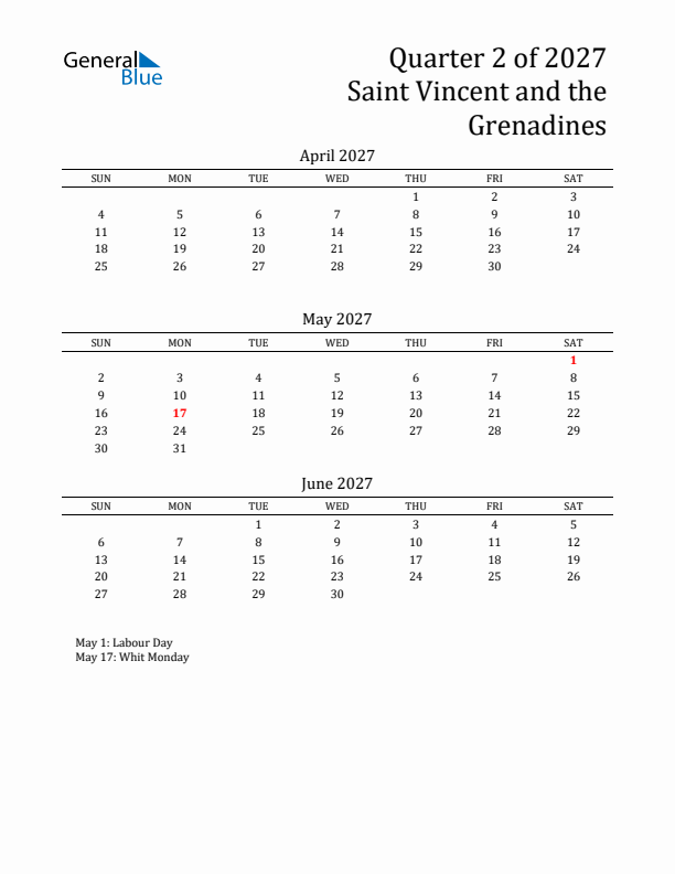 Quarter 2 2027 Saint Vincent and the Grenadines Quarterly Calendar