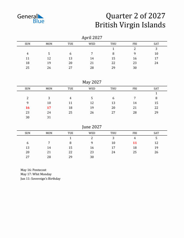 Quarter 2 2027 British Virgin Islands Quarterly Calendar