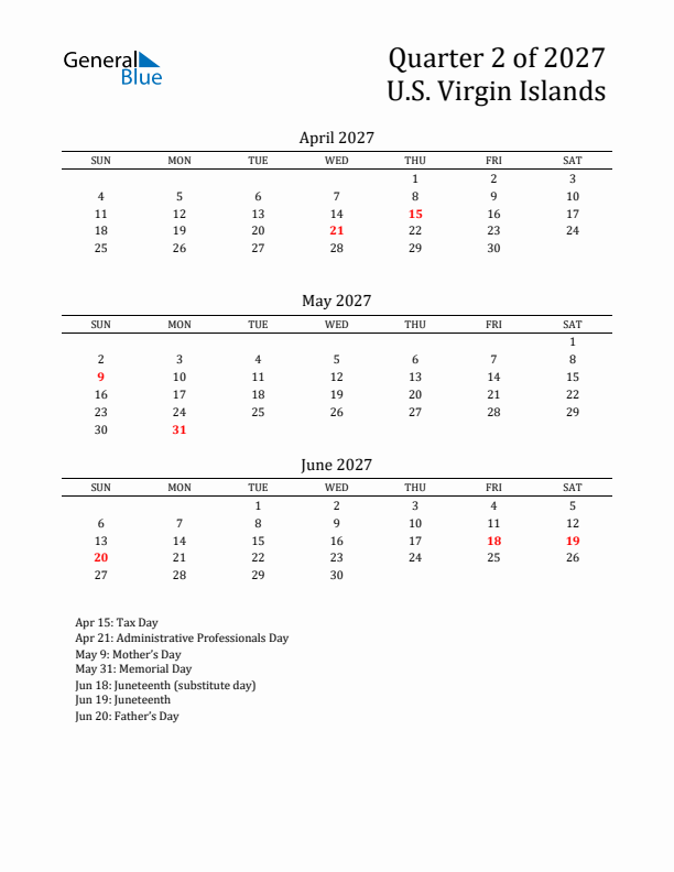 Quarter 2 2027 U.S. Virgin Islands Quarterly Calendar
