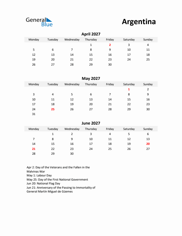 Printable Quarterly Calendar with Notes and Argentina Holidays- Q2 of 2027