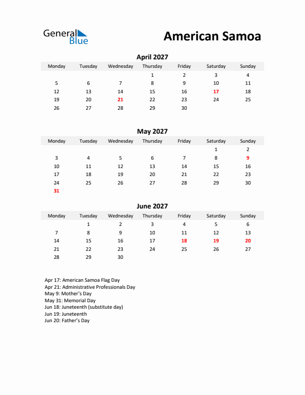 Printable Quarterly Calendar with Notes and American Samoa Holidays- Q2 of 2027