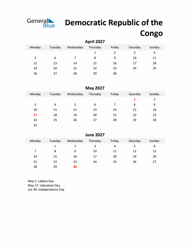 Printable Quarterly Calendar with Notes and Democratic Republic of the Congo Holidays- Q2 of 2027