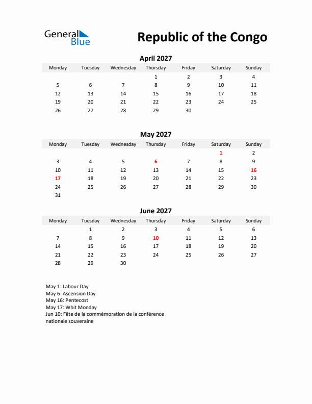 Printable Quarterly Calendar with Notes and Republic of the Congo Holidays- Q2 of 2027