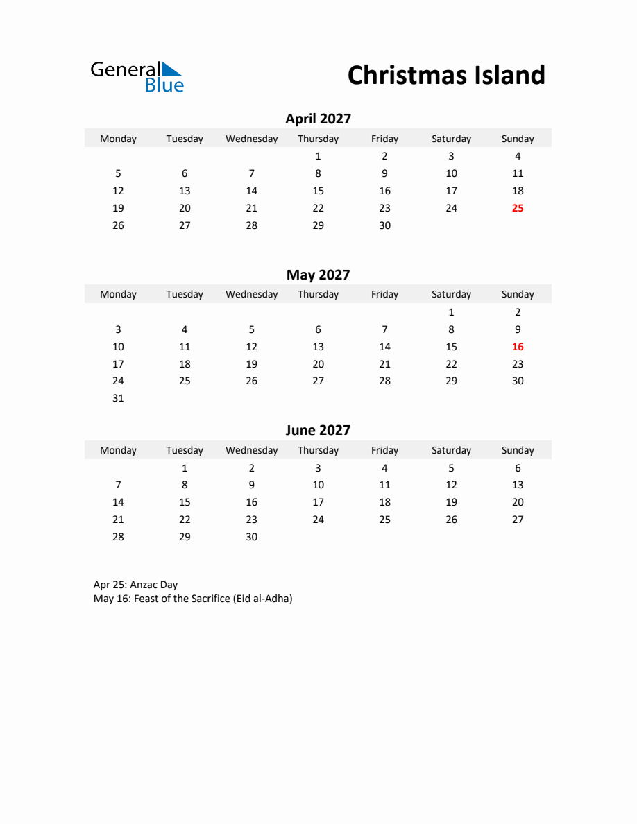 Printable Quarterly Calendar with Notes and Christmas Island Holidays ...