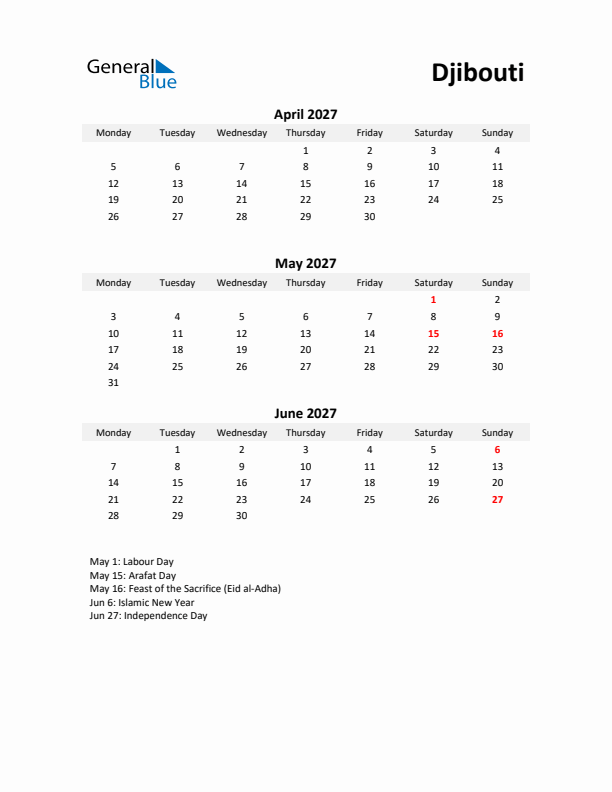 Printable Quarterly Calendar with Notes and Djibouti Holidays- Q2 of 2027