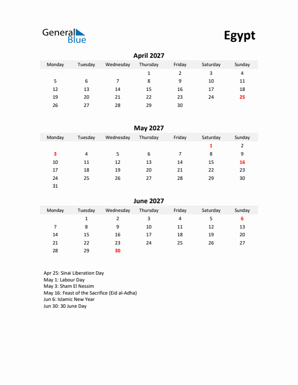 Printable Quarterly Calendar with Notes and Egypt Holidays- Q2 of 2027