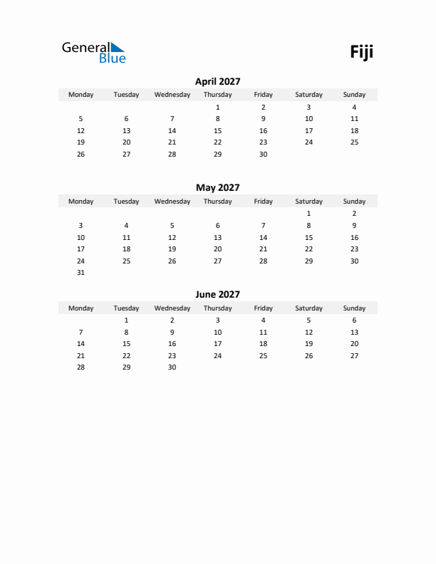 Printable Quarterly Calendar with Notes and Fiji Holidays- Q2 of 2027