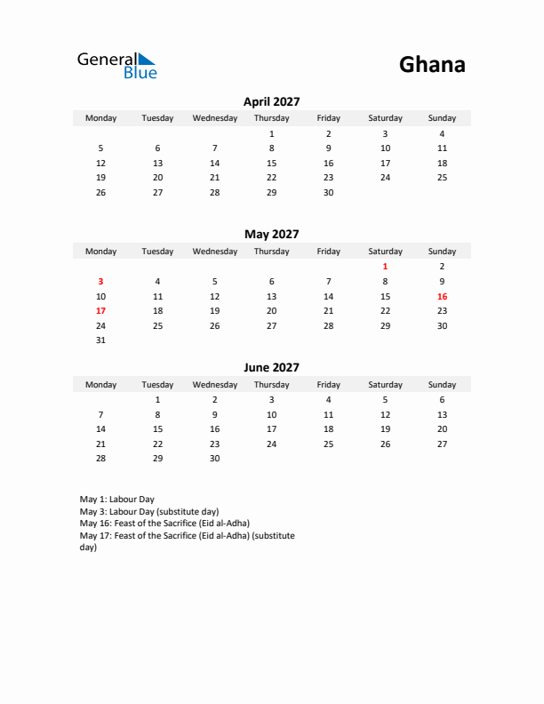 Printable Quarterly Calendar with Notes and Ghana Holidays- Q2 of 2027