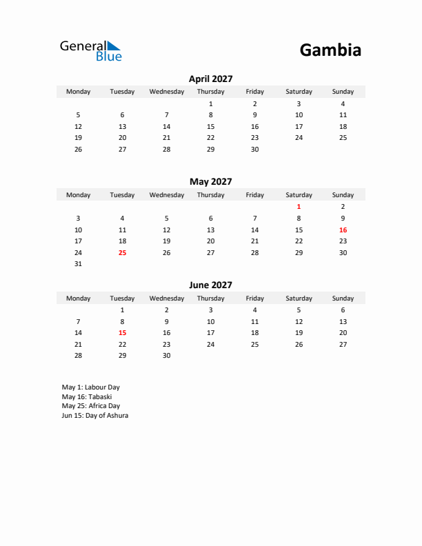 Printable Quarterly Calendar with Notes and Gambia Holidays- Q2 of 2027