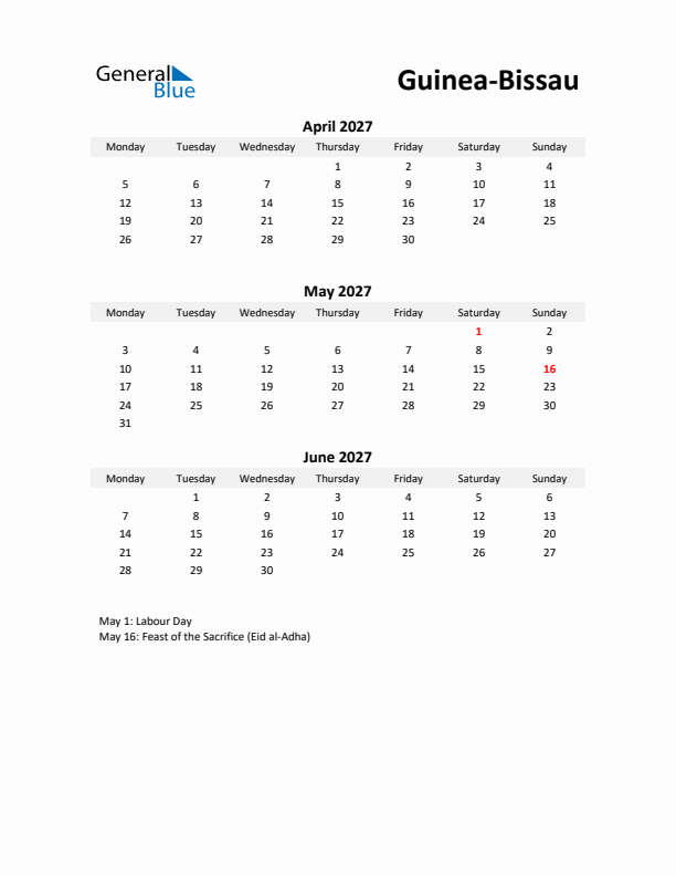 Printable Quarterly Calendar with Notes and Guinea-Bissau Holidays- Q2 of 2027
