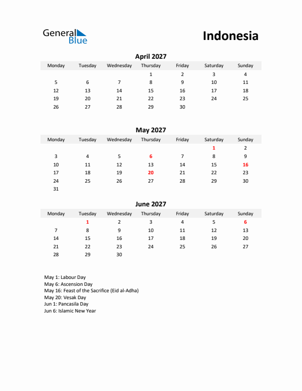 Printable Quarterly Calendar with Notes and Indonesia Holidays- Q2 of 2027