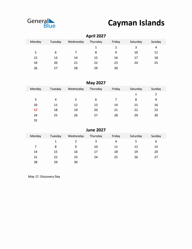 Printable Quarterly Calendar with Notes and Cayman Islands Holidays- Q2 of 2027