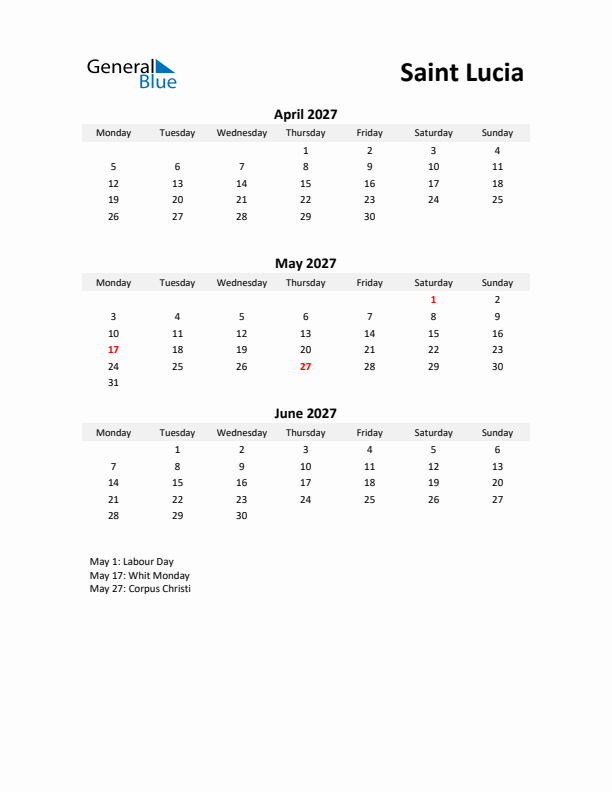 Printable Quarterly Calendar with Notes and Saint Lucia Holidays- Q2 of 2027