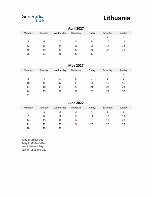 Printable Quarterly Calendar with Notes and Lithuania Holidays- Q2 of 2027