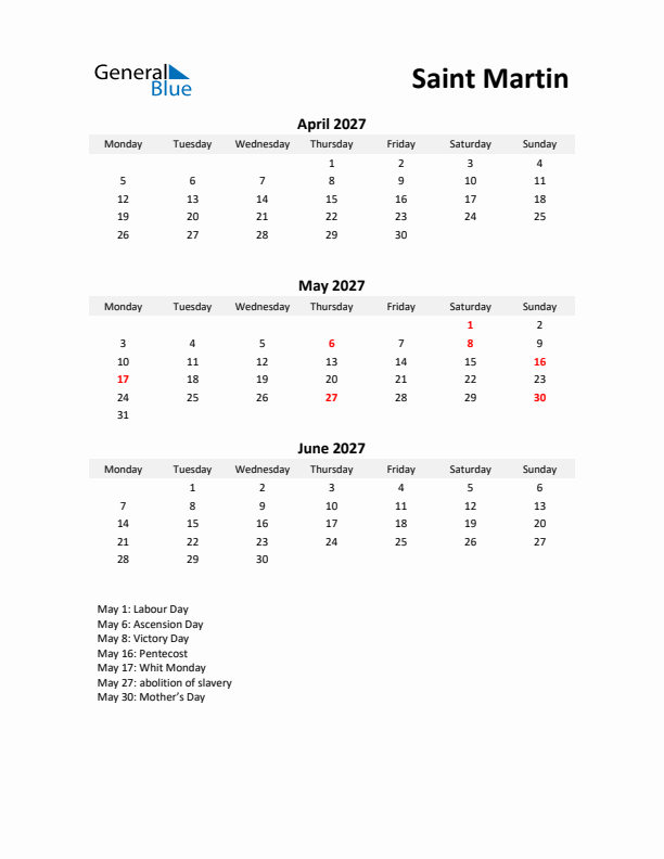 Printable Quarterly Calendar with Notes and Saint Martin Holidays- Q2 of 2027