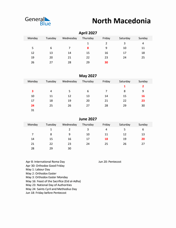 Printable Quarterly Calendar with Notes and North Macedonia Holidays- Q2 of 2027